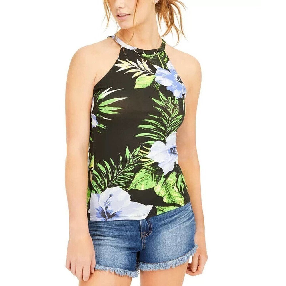 JR684 Planet Gold Black Floral Juniors' Racerback Printed Tank Top Size L